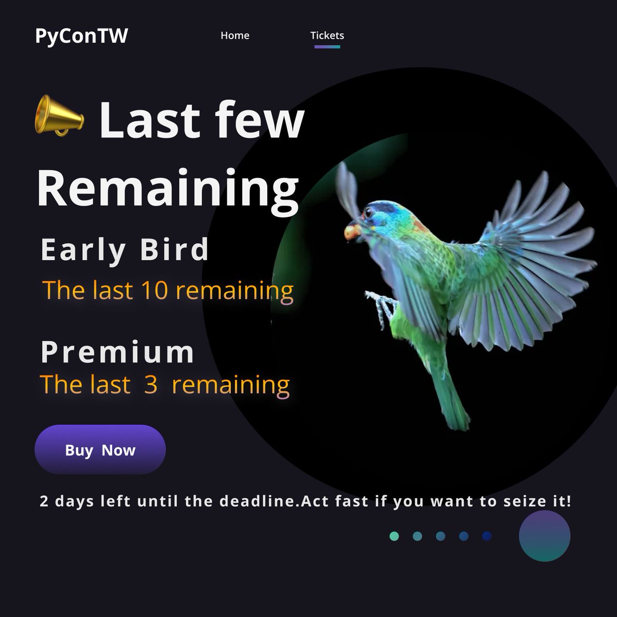 PyConTW's tweet photo. [📣 Last few Remaining Early Bird &amp; Premium🔥🔥]
📣THIS IS THE FINAL REMINDER📣：
🔥Only 10 Early Bird tickets and 3 VIP tickets left. Act now!🔥
👉 Individual Ticket: https://t.co/oiHogClchG
👉 Corporate Ticket: https://t.co/kxUdBfu8zF
👉 Sales period: Until June 30, 2023. https://t.co/xhWwAUXCVY