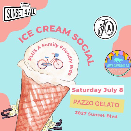Sunset4All (@sunsetforall) on Twitter photo Join <a href="/SunsetForAll/">Sunset4All</a> and <a href="/heybikela/">BikeLA</a>
July 8 for an ice cream social and family friendly bike ride! Meet at <a href="/PazzoGelato/">Pazzo Gelato</a> at 3:00 pm to meet our bike ambassadors and get a free bike bell! Ride to follow at 4:00 pm. No bike? Just come for a chat and🍦🍦🍦 Join <a href="/SunsetForAll/">Sunset4All</a> and <a href="/heybikela/">BikeLA</a>
July 8 for an ice cream social and family friendly bike ride! Meet at <a href="/PazzoGelato/">Pazzo Gelato</a> at 3:00 pm to meet our bike ambassadors and get a free bike bell! Ride to follow at 4:00 pm. No bike? Just come for a chat and🍦🍦🍦