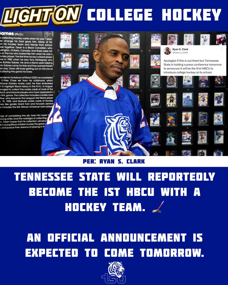 Tennessee State will reportedly become the 1st HBCU with a hockey team, per @ryan_s_clark . 🏒 An official announcement is expected to come tomorrow. 📸: NHL