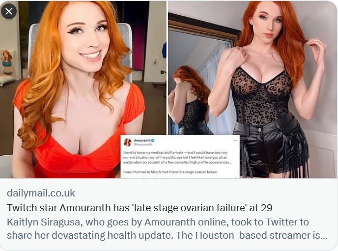 Childless millionaire e-THOT, Amouranth, enters early menopause at the age of 29. #MGTOW #MRA #Misandry #MensRights #RedPill #Feminism <a href="/jordanbpeterson/">Dr Jordan B Peterson</a> <a href="/FishReplicant/">ReplicantPhish</a> <a href="/FreshandFitPod/">Fresh&Fit Podcast</a> <a href="/coachgregadams/">Coach Greg Adams</a> <a href="/lotuseaters_com/">Lotuseaters.com</a> @_Rian_Stone <a href="/aaron_clarey/">Aaron Clarey</a> <a href="/patrickbetdavid/">Patrick Bet-David</a> <a href="/SandmanMGTOW/">Sandman MGTOW</a>