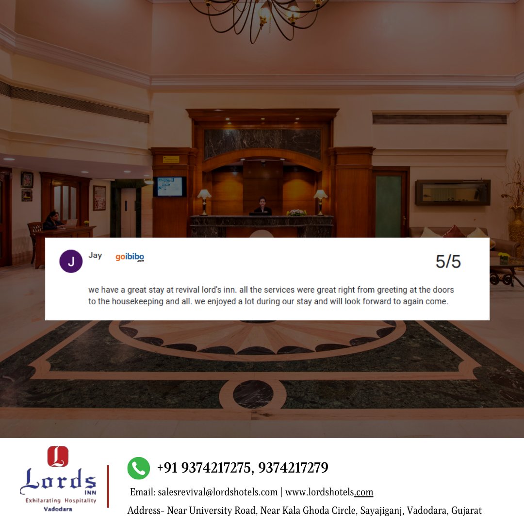 Thank you for taking the time to write such valuable feedback. Looking forward to being at your service again.

#LordsHotels  #vadodara #tourism #tripadviser #guestreview #guestfeedback #satisfaction #perfectdestination #comfortstay #businesswithlords