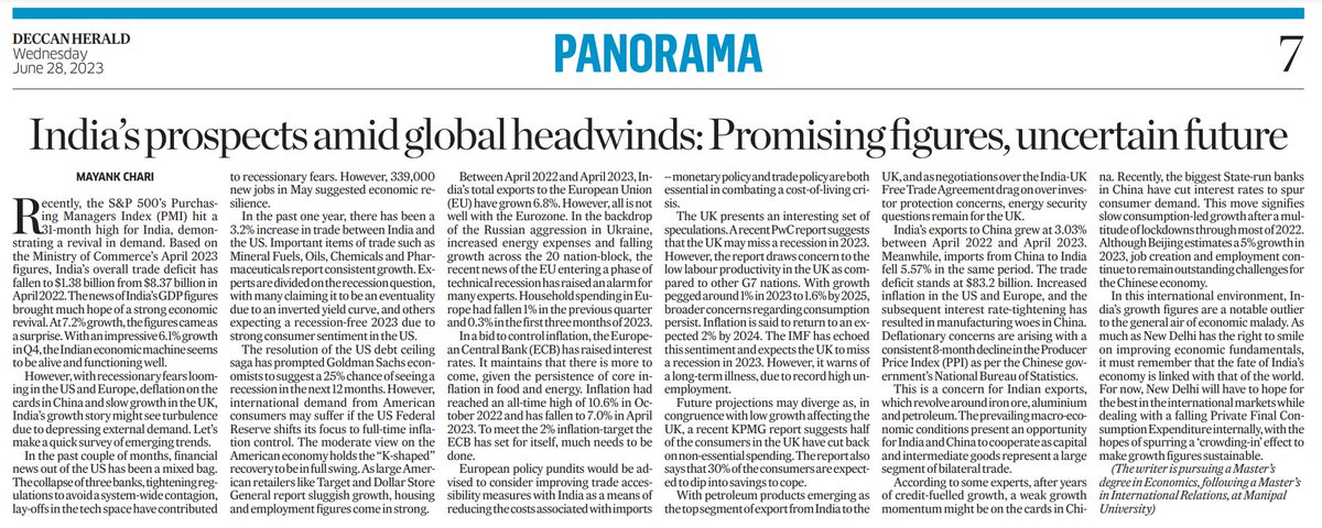 In Today's <a href="/DeccanHerald/">Deccan Herald</a>: New Delhi will have to hope for the best in the international markets while dealing with a falling PFCE, with the hopes of spurring a ‘crowding-in’ effect to make growth figures sustainable. 
shorturl.at/byRS3