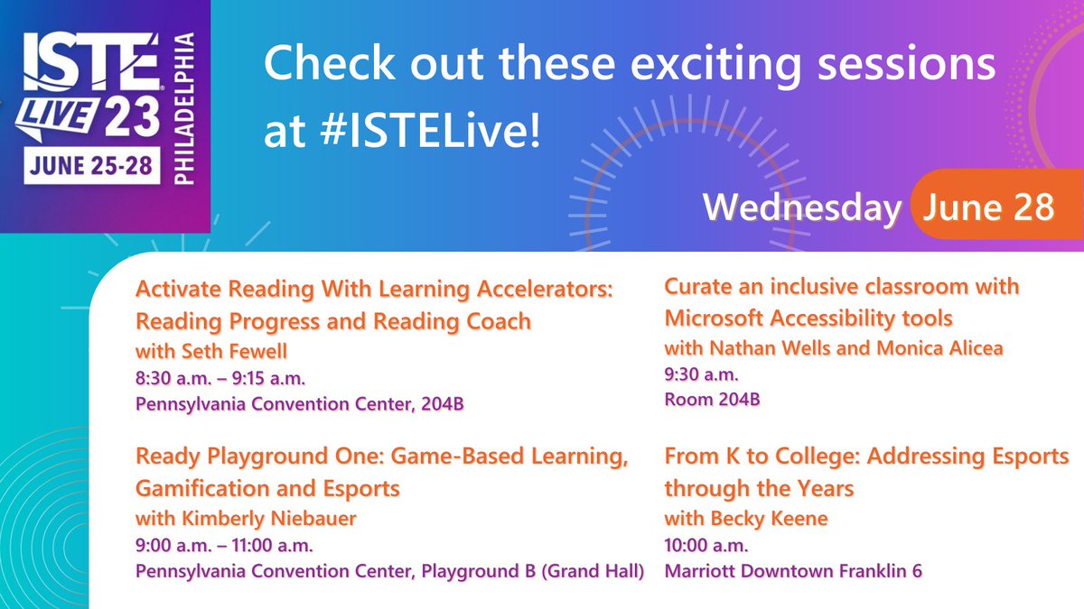 i2eEDU's tweet photo. Day 4 of ISTE!π
We have more exciting sessions from #i2eTeam members! Check it out!‡οΈ
@ISTEofficial #ISTELive #ISTELive23 #MicrosoftEDU #Esports #GameBasedLearning
@sethfewell @Nieb77 @edtechwells @Teach_Serve @BeckyKeene https://t.co/t08ap3zO6S