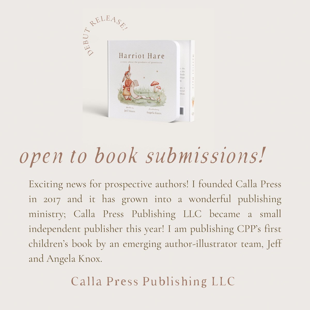 CallaPress's tweet image. Yes, we are a #NEW #indiepublisher of #Christian #books, #kidlit, and #gospel centered #work. #Send in your #bookqueries! #christianpublisher #publisher #AuthorsOfTwitter #BookTwitter #submissions #BREAKING #literaryagents #nowopen #writersofinstagram #smallpress #bookpub #SHARE