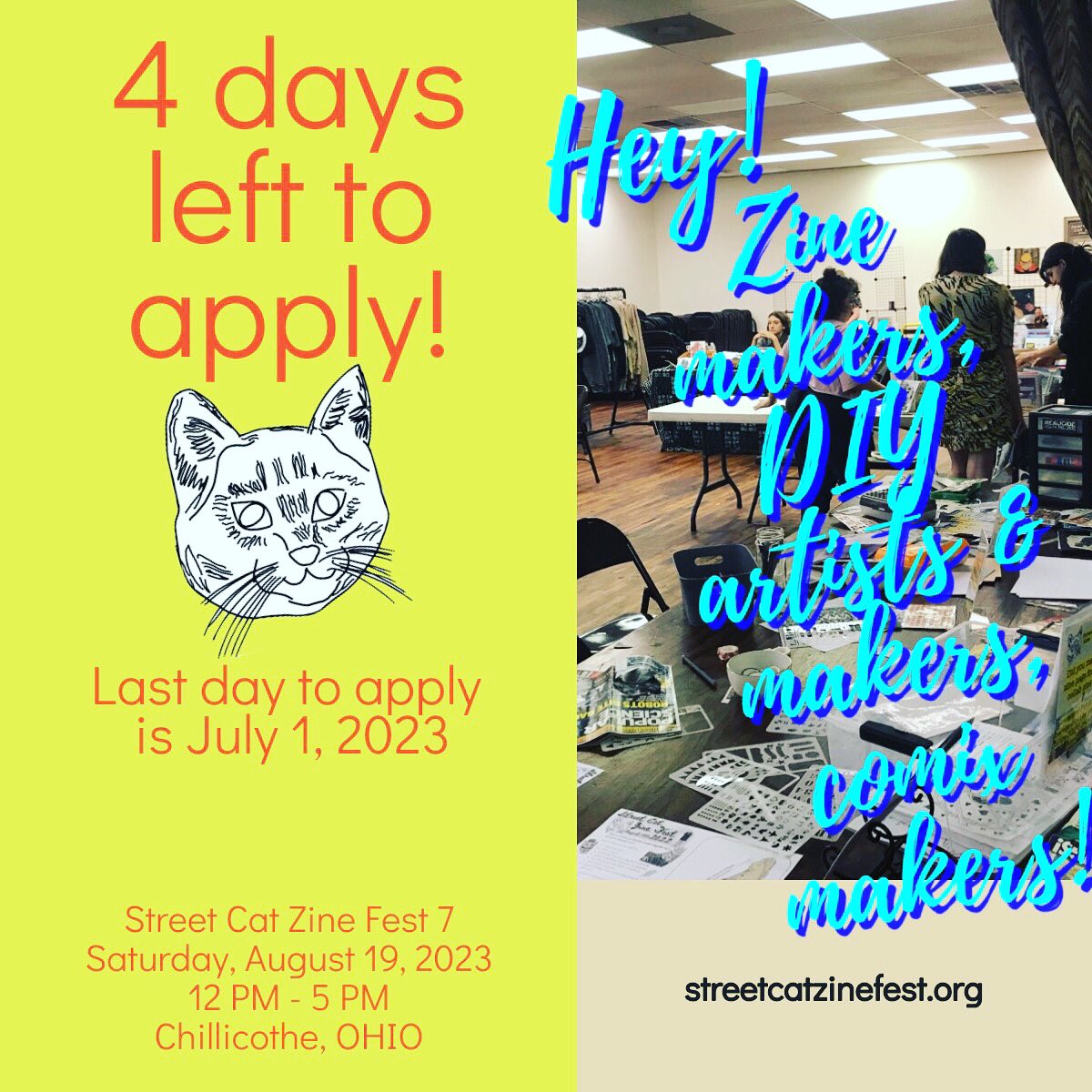 StrtCatZineFest's tweet photo. 4 days lefts to apply ya’ll !!! ⏰⏲🔔🚨Get to it: https://t.co/l0rzdPs6EW 🐈🐈‍⬛ https://t.co/sUvFkz5Y1p