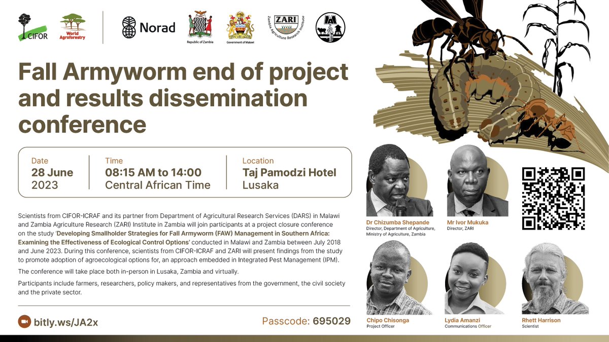 CIFOR_ICRAF's tweet image. 📣 Join us today | 8:15 AM CAT

This hybrid conference will bring together scientists from CIFOR-ICRAF and partners to present findings from a study to promote the adoption of #agroecological options for Fall Armyworm management.

Register here👉: bit.ly/3CKN0Hx