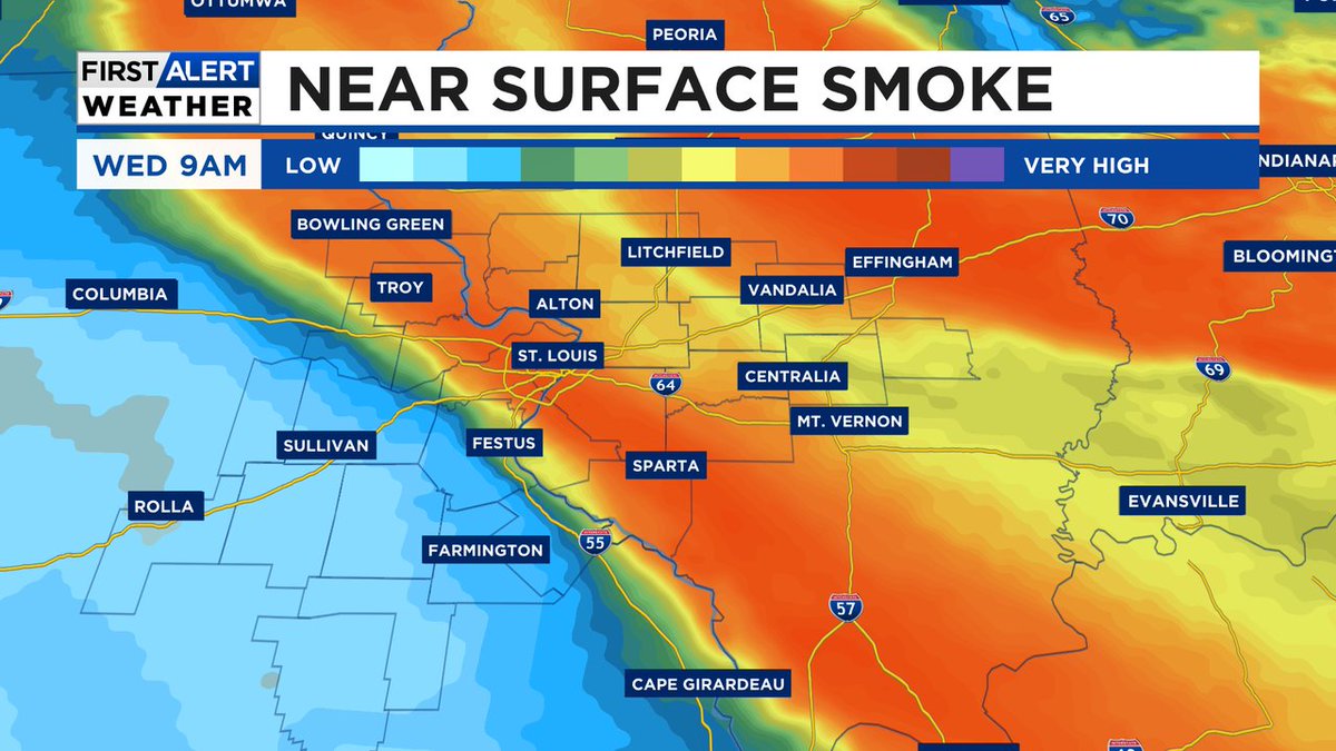 Smoke stalls in our area tonight, it's over STL through morning.  Notice how areas southwest won't get much smoke.  And the smoke retreats east and thins out during the afternoon tomorrow #4FirstAlert