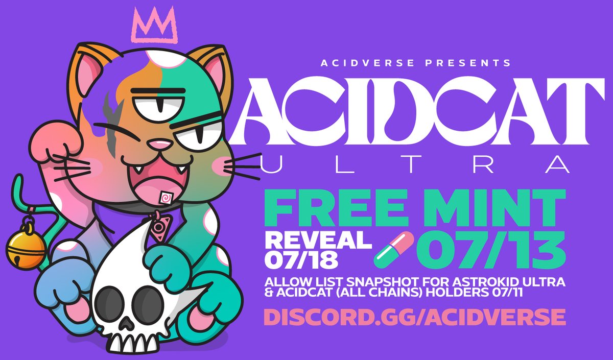 TEENSONACID's tweet photo. ACIDCAT ULTRA
Mint 07/13
Reveal 07/18
FREE
999 supply on ETH
5 per tx 10 per wallet
MINT PARTY DETAILS
11pm UTC Start
11.10pm AVClub
11.15pm ALLOWLIST
11.30pm PUBLIC
ALLOWLIST
ALL AcidCat holders (ETH/FTM/AVAX)
AKUltra holders
#FreeMintNFT #acidverse #acidcats #nftart https://t.co/AcYJA72eLo