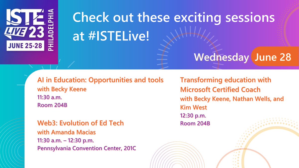 i2eEDU's tweet photo. Day 4 of ISTE!π
We have more exciting sessions from #i2eTeam members! Check it out!‡οΈ
@ISTEofficial #ISTELive #ISTELive23 #MicrosoftCertifiedCoach #AIinEducation #EdTech
@BeckyKeene @ItsAmandaMacias @edtechwells @i2ekim https://t.co/nrnSrHgOPL