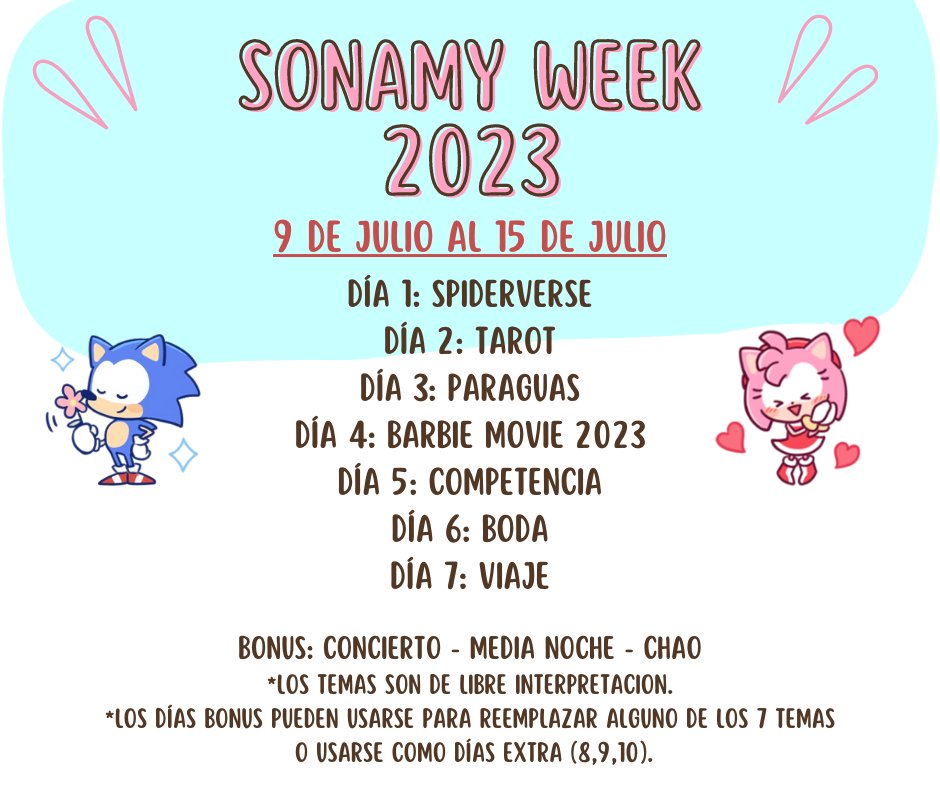 SonamyWeek24's tweet image. Long time no see!  We are happy to announce the Sonamy week 2023! 🥳

We attach the dates, topics and rules in the respective images.
We look forward to seeing your beautiful contributions! 💖
#SonamyWeek #SonamyWeek2023 #SonamyWeek23