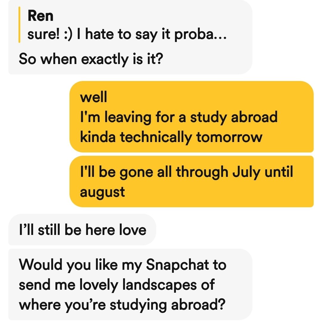 King_Renn_'s tweet photo. only time I haven't hated being asked for/  offered Snap as a form of communication. https://t.co/h41eOeLK7M