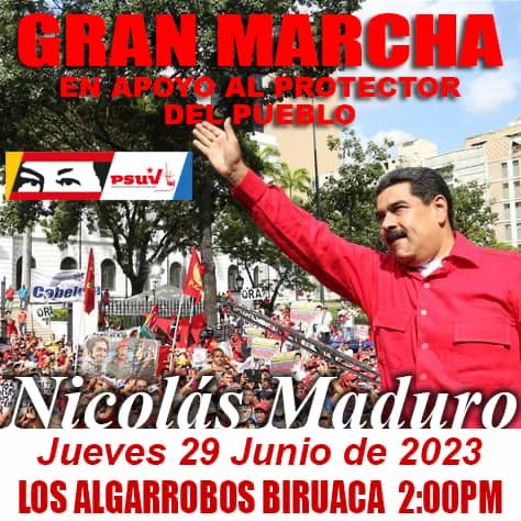 Este jueves 29/06 marchamos en Los Algarrobos, mcpio Biruaca, respaldando al presidente ⁦@NicolasMaduro⁩, en repudio al bloqueo y las sanciones. Nos vemos a las 2:00 pm en la entrada de Los Algarrobos ⁦@dcabellor⁩ ⁦@delcyrodriguezv⁩ ⁦@PartidoPSUV⁩