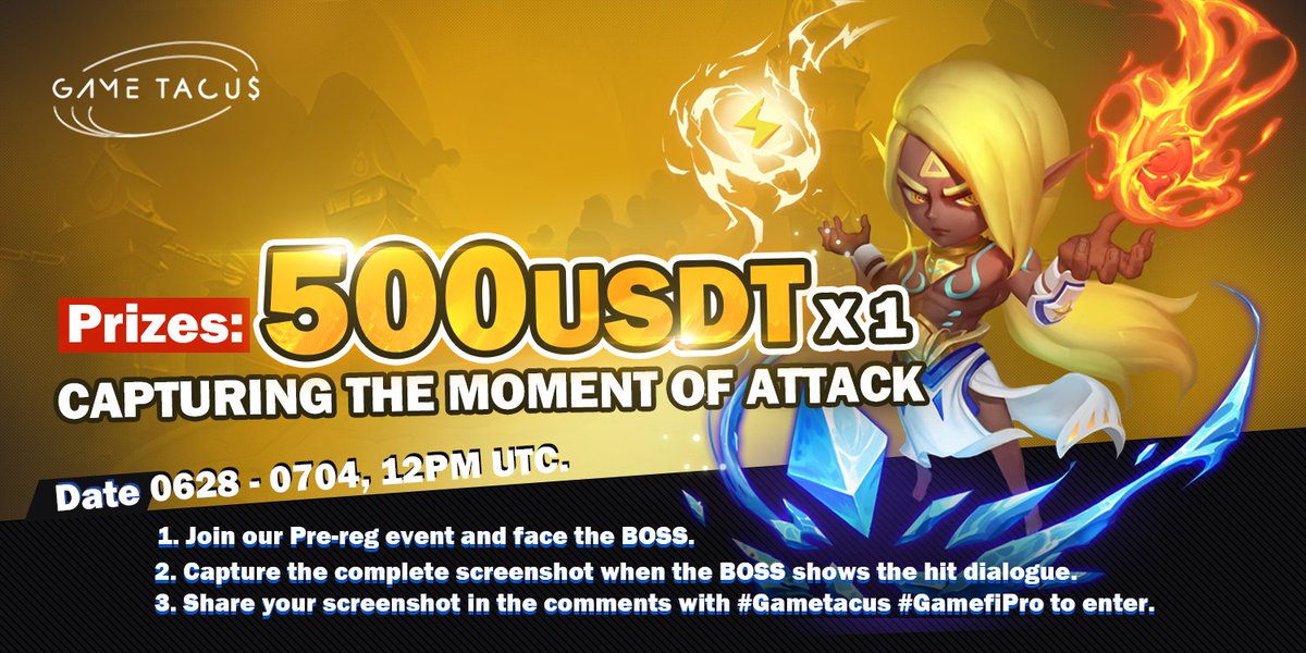 Gametacus2023's tweet image. 💫Join our #screenhotcapture event💫

📅Date: 0628 - 0704 12 PM (UTC)
🎁Prize: $500 USDT
🥇Only 1 luck winner

🔥How to join:

1️⃣RT &amp;amp; Like &amp;amp; Follow
2️⃣Join events.gamefipro.com/pre-reg/
3️⃣Screenshot the dialogue of BOSS when he gets hit.
4️⃣Submit in comments with #Gametacus #GamefiPro
