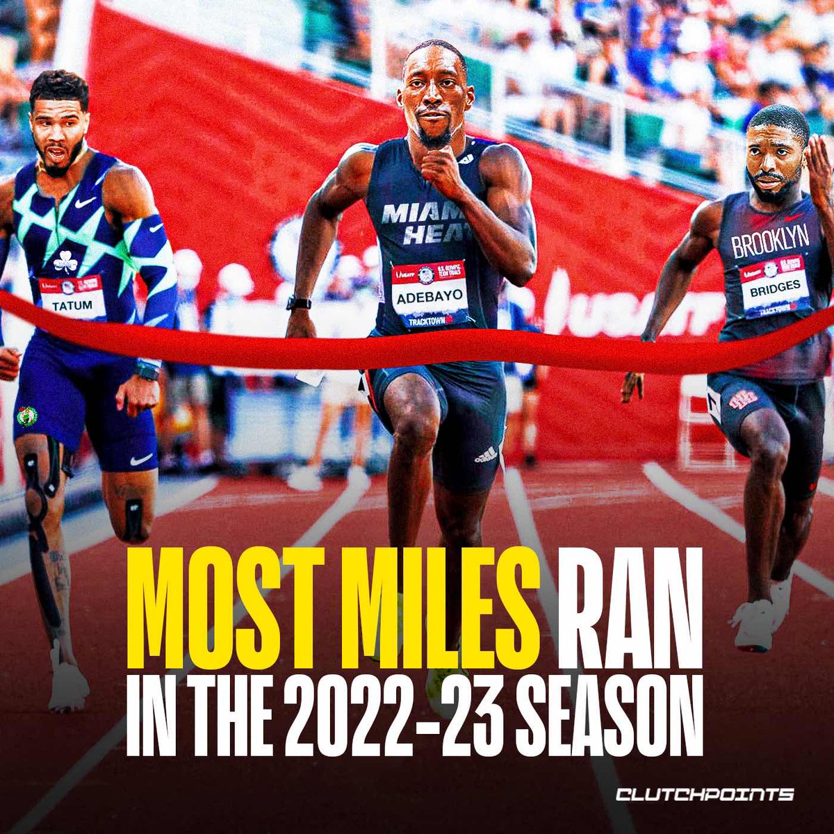 ClutchPoints's tweet photo. Top 10 distance runners in the NBA for 2022-23:

Bam Adebayo - 248.6 total miles
Mikal Bridges - 235.6
Jayson Tatum - 234.8
Max Strus - 232.5
Caleb Martin - 230.2
Domantas Sabonis - 225.6
Jaylen Brown - 224.7
Harrison Barnes - 219.9
Jimmy Butler - 219.7
Anthony Edwards - 218.8

Bam Adebayo ran the equivalent of 9.5 marathons 😵‍💫