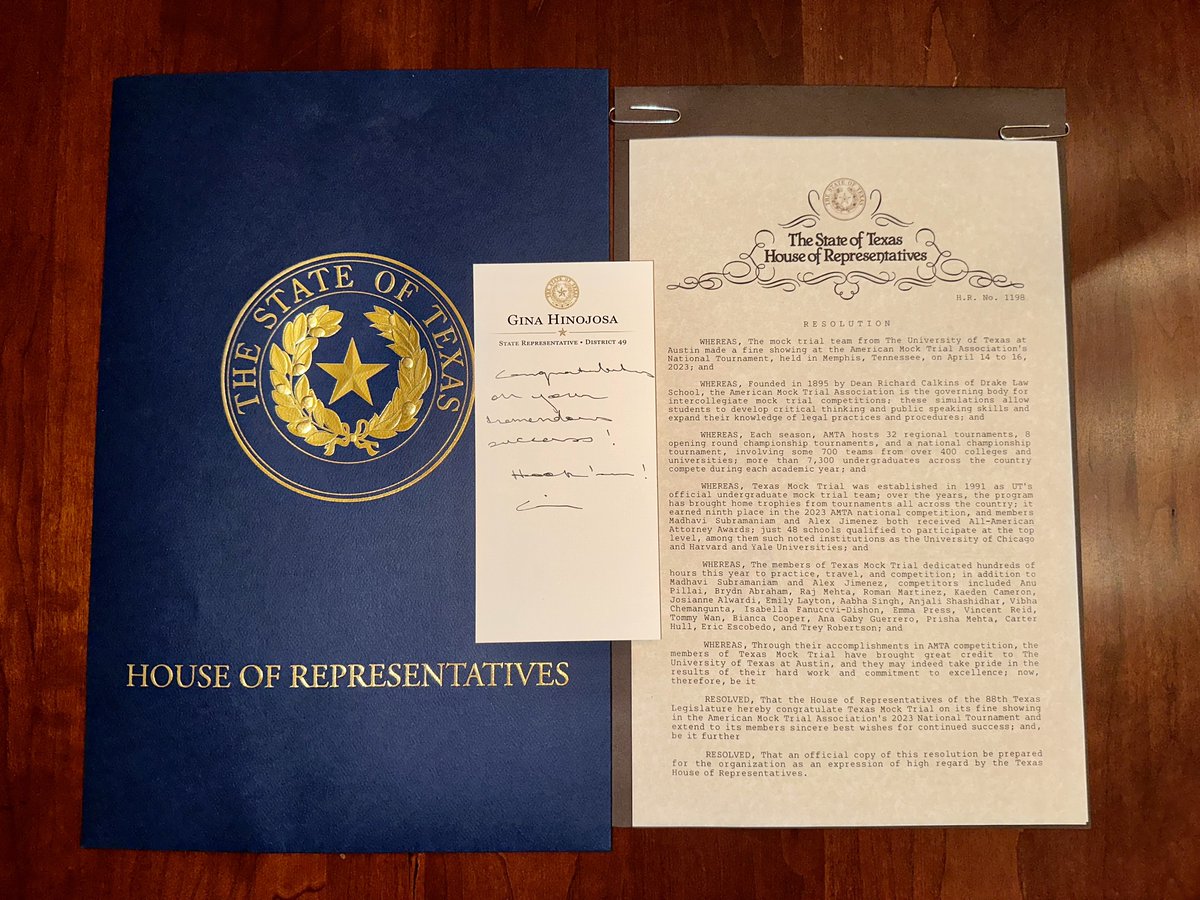 Thank you <a href="/GinaForAustin/">gina hinojosa</a> and the #txlege for passing HR 1198 congratulating Texas Mock Trial on its fine showing in the American Mock Trial Association's 2023 National Tournament!