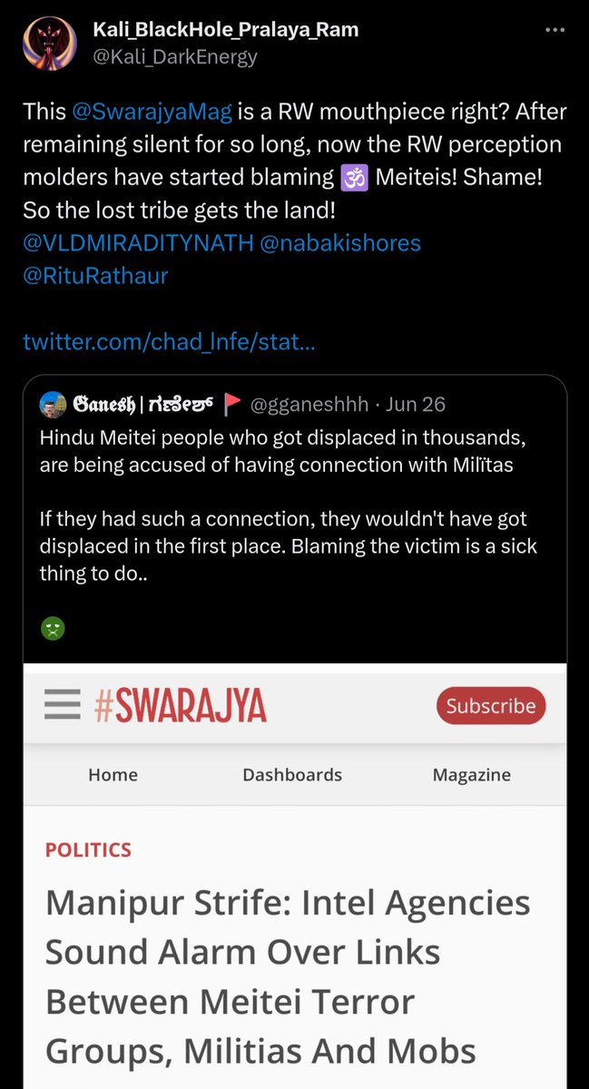 They've already started this with RW mouthpiece SwarajyaMag labeling 🕉 Me!teis as militants while making the lost tribe the victims!

Kuk's claiming tobe the lost tribe from 🇮🇱, are creating their own land?

twitter.com/nabakishores/s…