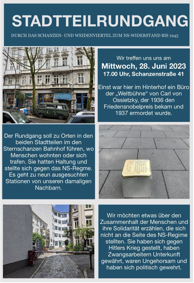 Stadtteilrundgang 
durch das Schanzen- und Weidenviertel zum NS-Widerstand bis 1945 mit <a href="/HolgerArtus/">hartus@bsky.social</a> / los geht es ja n der Schanzenstraße 41 heute am Mittwoch, 28. Juni 2023 um 17.00 Uhr, Schanzenstraße 41 sternschanze1942.de/wp-content/upl…