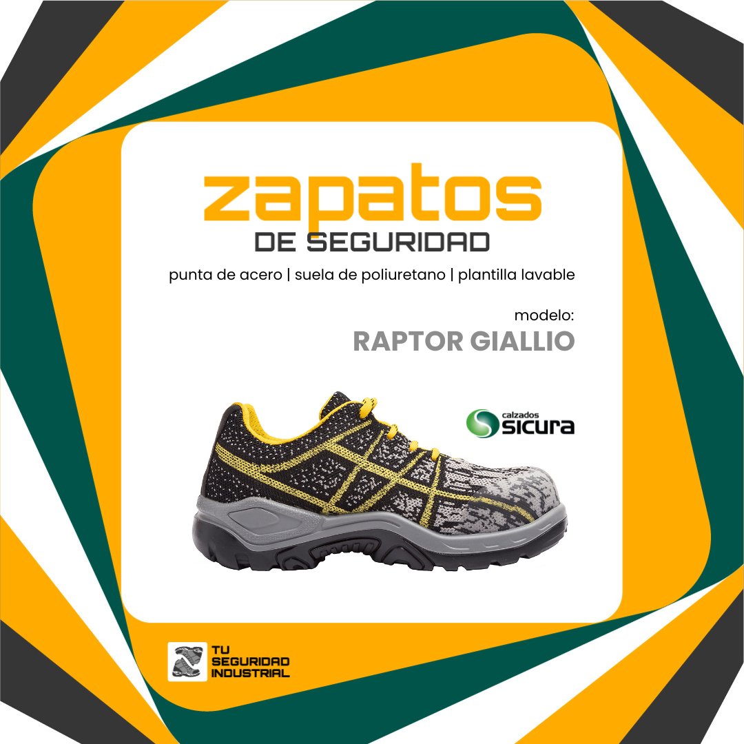 Calzado de seguridad fabricado con tejidos SicKnit®
RAPTOR BLU / RAPTOR GIALLIO . 
⚡ Suela de poliuretano bidensidad con relieves anti-deslizamiento. Nivel SRB. 
⚡ Inyección directa al corte.
⚡ Corte: tejidos SicKnit® (textiles ultra respirables y de alta tecnología).