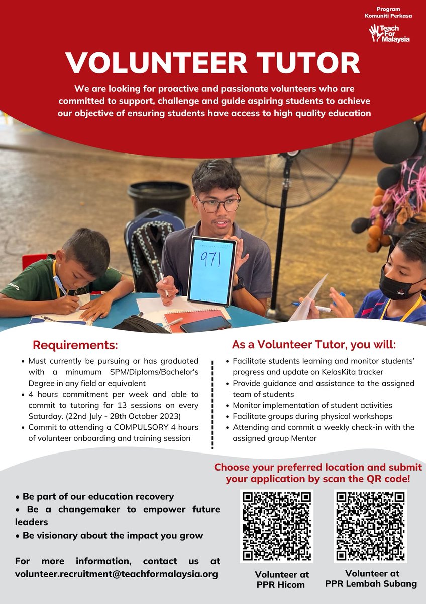 Join us as a VOLUNTEER TUTOR to empower students in their learning today!

Choose your preferred location and submit your application using the links below:

PPR Hicom: platform.madforgood.org/o/Teach-For-Ma…
PPR Lembah Subang : platform.madforgood.org/o/Teach-For-Ma…