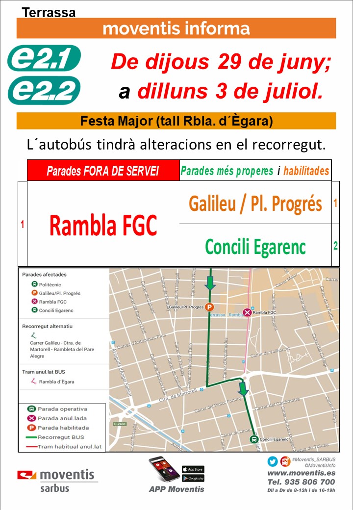 MoventisInfo's tweet photo. 🛑TERRASSA. 
📆 De dijous 29 de juny, a dilluns 3 de juliol; les 🚍 #e2_1 #e2_2 #C2 #C5 de #Moventis_SARBUS canvien recorregut 🚧a Rbla. d´Ègara a causa👹de @FMterrassa
📣notes amb 🚏anul.lades, les més 👉properes i 👍habilitades. https://t.co/v6ZbRW1uRC