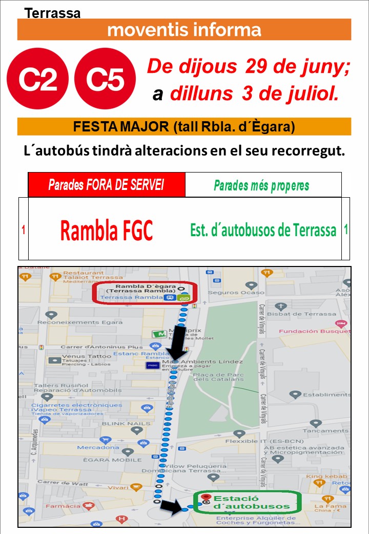 MoventisInfo's tweet photo. 🛑TERRASSA. 
📆 De dijous 29 de juny, a dilluns 3 de juliol; les 🚍 #e2_1 #e2_2 #C2 #C5 de #Moventis_SARBUS canvien recorregut 🚧a Rbla. d´Ègara a causa👹de @FMterrassa
📣notes amb 🚏anul.lades, les més 👉properes i 👍habilitades. https://t.co/v6ZbRW1uRC
