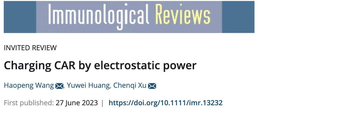 ChenqiXuSH's tweet image. Our newly published review "Charging CAR by electrostatic power" illuminates the critical role of electrostatic interactions in enhancing CAR-T cell therapy. Discoveries point to future strategies centered on charge-based interactions. doi.org/10.1111/imr.13…