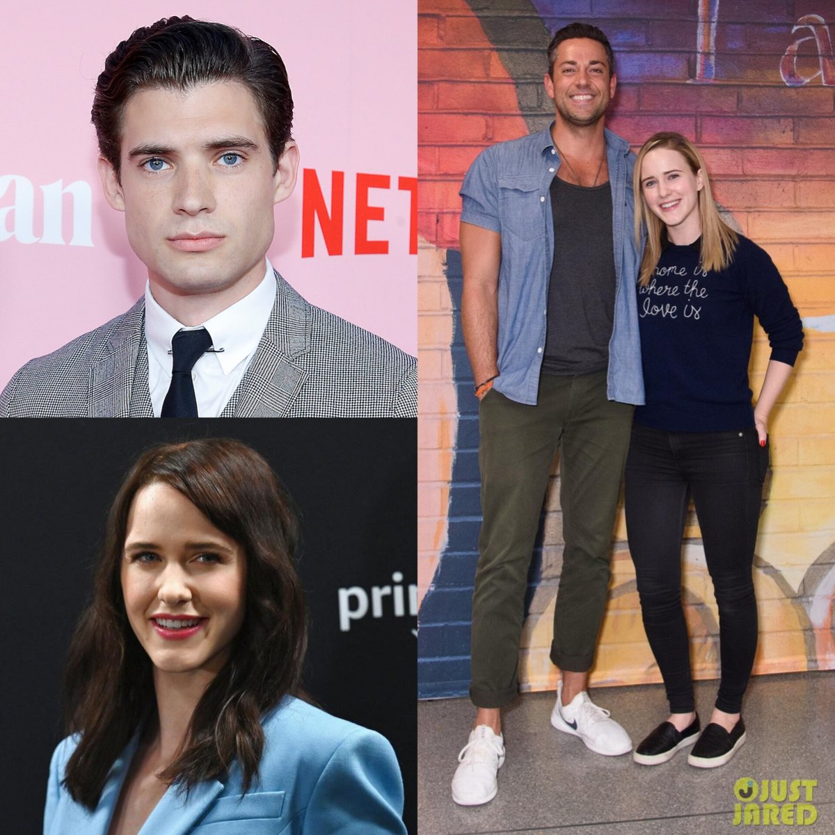 For our new Clark Kent and Lois Lane in Gunn's #SupermanLegacy this would be their height difference more or less. David Corenswet is 1.93m and Rachel Brosnahan is 1.61m. To compare it, on the right Brosnahan is alongside Zachary Levi who's 1.91m.