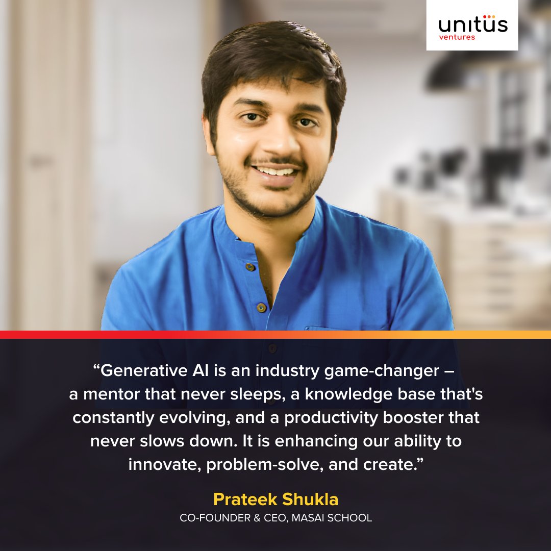 Capria_India's tweet photo. #GenerativeAI is the catalyst for super #engineers in the making! @pratshukla, Co-founder &amp; CEO of our portfolio gem @masaischool  is confident that fresh graduates are at the perfect stage to harness the full potential of Generative AI. #AllThingsAIwithCapria #TechRevolution https://t.co/5ZFPYPNInP