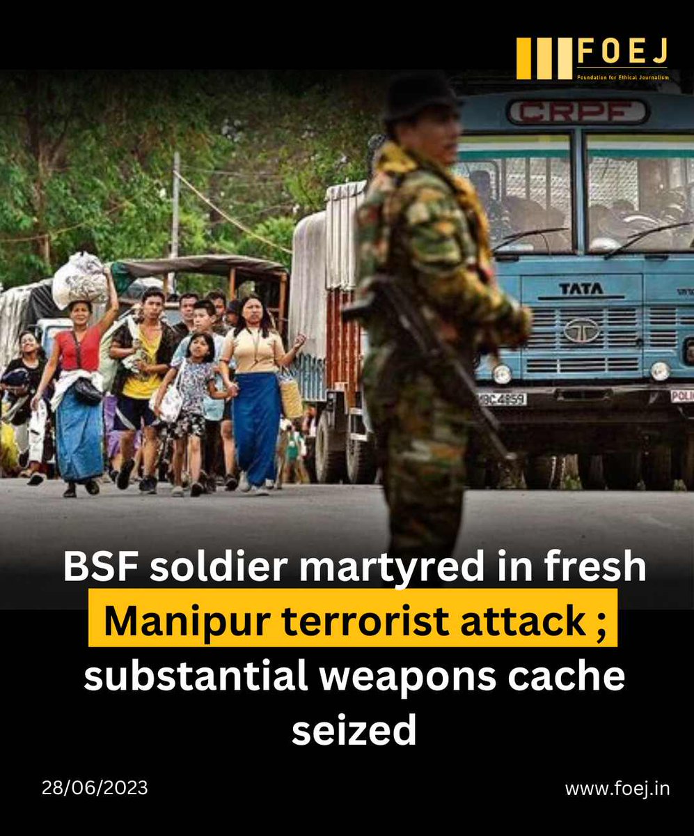 FoejMedia's tweet photo. A fresh outbreak of violence in Manipur results in the martyrdom of a BSF soldier during a clash with terrorists
Significantly large number of weapons confiscated from the terrorists.
#Manipur #ManipurTerroristAttack #ManipurCrisis https://t.co/jeUZ5Hvh3f