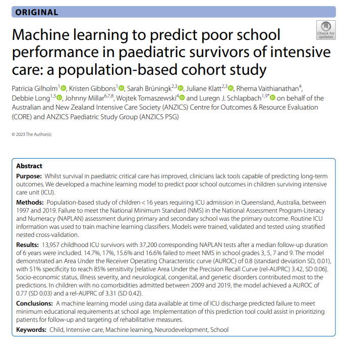 anzics's tweet image. A recent publication linking ANZICS Paediatric registry data and #NAPLAN data to predict poor school performance following #ICU admission 👇 link.springer.com/content/pdf/10…… 

Another example of how registry data can be used to provide insight into problems #BeyondTheICU