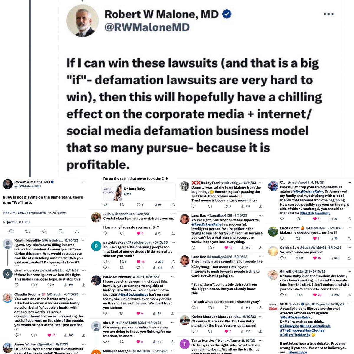 Wow!  @RWMaloneMD is taking a BEATING in social media for his vexatious #SLAPP lawsuit against me for $25 MILLION - to slash medical free speech!!

I think he's getting the idea that so many of you stand with me! 

#lawfare #VaccineSideEffects #mRNA #FirstAmendment…