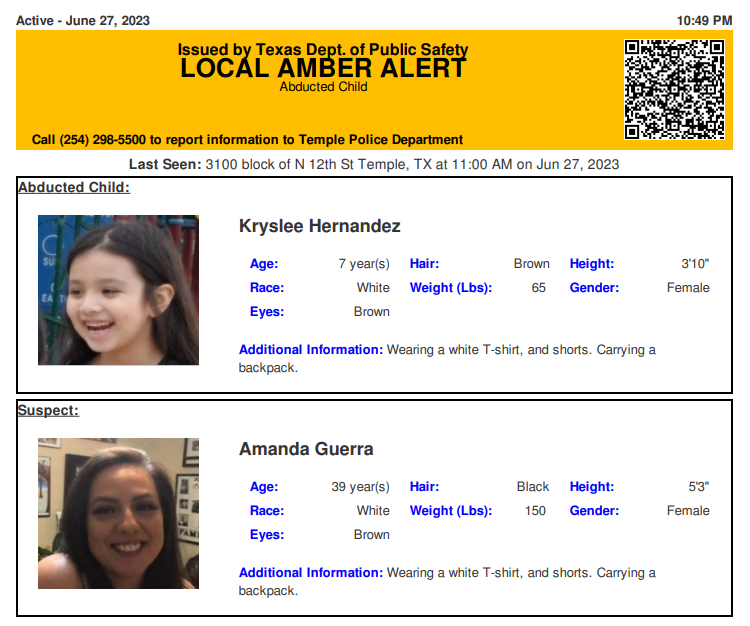 TX_Alerts's tweet photo. ACTIVE AMBER ALERT for Kryslee Hernandez from Temple, TX, on 06/27/2023 https://t.co/4j7nDEHsFZ