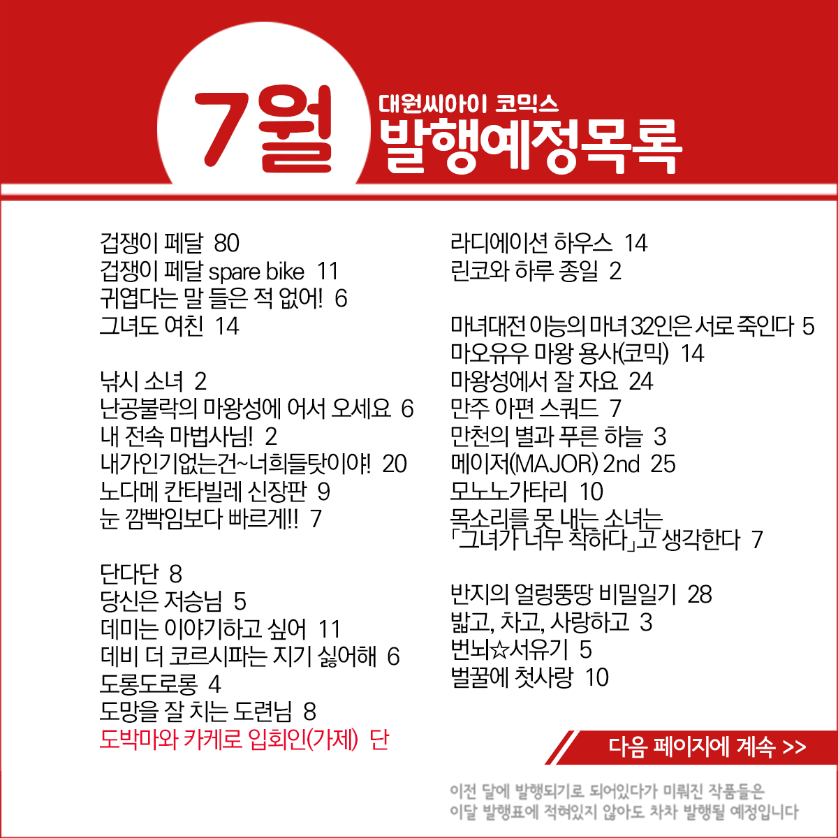 dw_ci's tweet photo. * 7월 발행예정 작품목록 *
https://t.co/6e9V1XgenF

쿠지마 노래하면 집이 파다닥 1, 애프터 갓 1, 【최애의 아이】 11, 단다단 8, 원피스 학원 4, 사사키와 미야노 9, 겁쟁이 페달 80, 환괴지대 시즌2 에테르의 마을  2, 언데드 언럭 15, 센티멘탈 키스 1, 사랑을 두 스푼 1, 진 브라이드 1 등 https://t.co/oWMTOwly2B