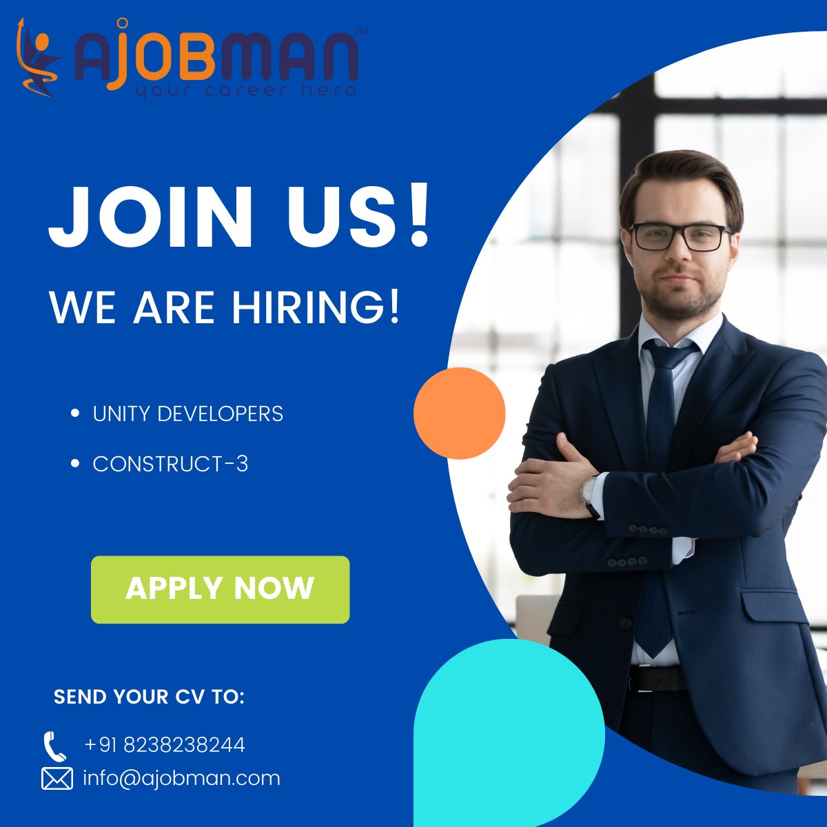 a_jobman's tweet image. We're #hiring Now!
⏩#UnityDevelopers
⏭️#Construct3
Work From Office
Position: 10+
Exp.- Min. 1 year & Max. 3 Year
💯% #JobPlacement
👉Terms & condition apply
🔖Send your CV & Contact Us more Detail: +91 8238238244, info@ajobman.com
#developersjobvacancy #jobconsultancy #ajobman