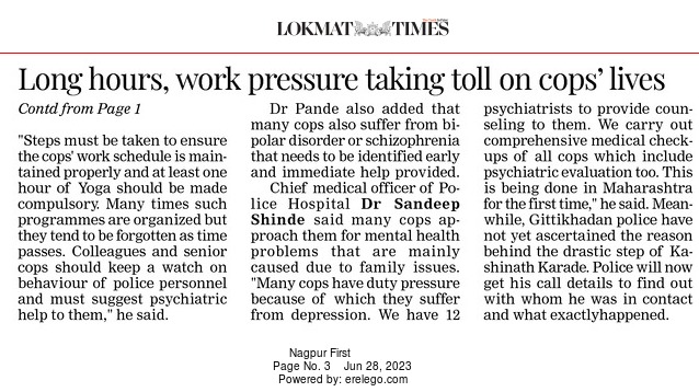 VirajDeshTOI's tweet photo. The suicide of 40-year-old police personnel who electrocuted himself on Monday, has once again raised the issue of high pressure work environment of police and its effects of their mental health.
#Suicide #NagpurPolice https://t.co/aZfejvti3s