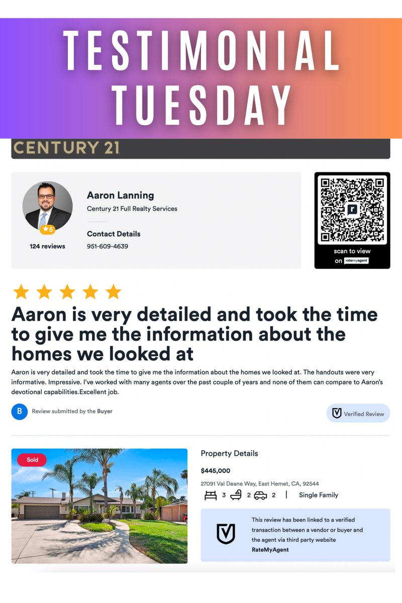 🌟Sharing Another Client's Success Story!🌟
#ClientSuccessStory #DreamHomeAchieved #GratefulClients #RealEstateSuccess #HappyHomeowners #MenifeeRealtor 
bit.ly/3pq5tG9
✅Aaron Lanning DRE 02067320
✅Century 21 Masters DRE 01849354