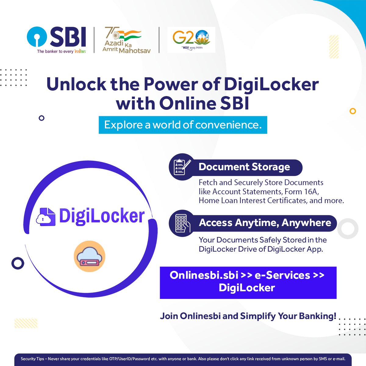 Unlock the power of DigiLocker with Online SBI.

#SBI #AmritMahotsav #DigiLocker #DocumentStorage #PaperLess #OnlineDocumentStorage