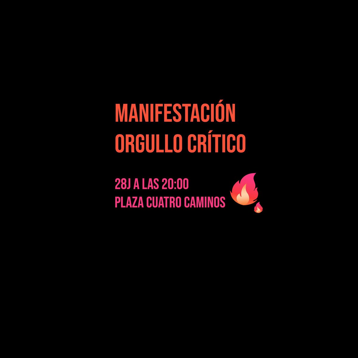 Amigxs cishetero, nos comen los fachas. Necesitamos que alcéis la voz y que justo hoy no guardéis silencio.

Amigxs cismaribibollo, os necesitamos politizadxs: hoy hacéis falta en el Orgullo Crítico, no en el MADO.

Que prenda la llama 🔥