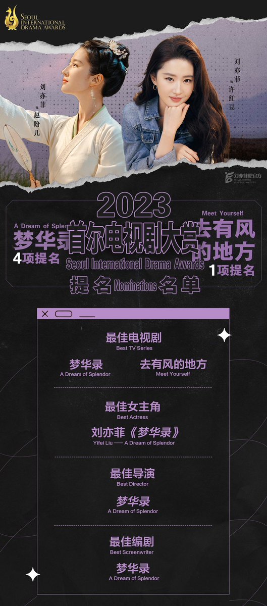 liuyifeifanclub's tweet photo. Liu Yifei nominated as Best Actress in Seoul International Drama Awards 2023 @yifei_cc 🎉  #ADreamOfSplendor &amp; #MeetYourself nominated as ‘Best TV Series’ !
#LiuYifei #刘亦菲 #劉亦菲 #CrystalLiu #LưuDiệcPhi #หลิวอี้เฟย #유역비 #リウイーフェイ #YifeiLiu #cdrama #서울드라마어워즈 https://t.co/PtxFZYHn7h