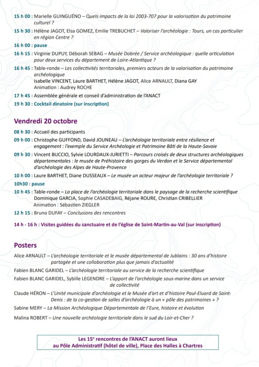 _MathiasD's tweet photo. Et voici le programme des 15e rencontres de l'Anact, que nous aurons l'honneur d'accueillir à Chartres du 18 au 20 octobre prochains. Le colloque illustrera l'histoire et la diversité de l'action des services archéologiques de collectivités en France et questionnera leur avenir. https://t.co/wVnpcmbtTn