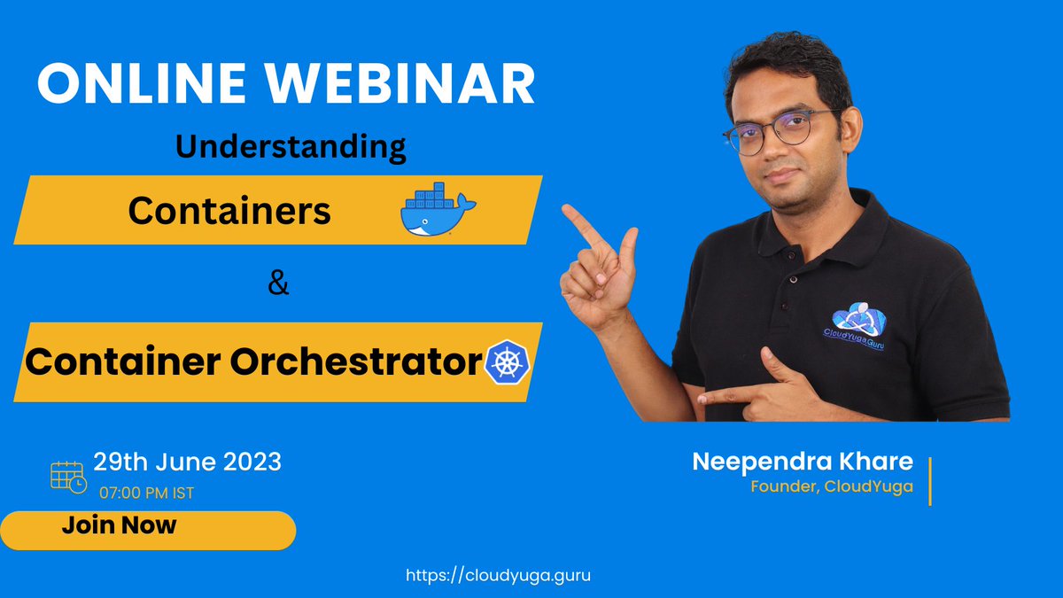 In the upcoming webinar on 29th June at 7 PM IST, we'll be covering #Containers and Container Orchestrations. If you just starting off then it would be just perfect session for you.  Register at cloudyuga.guru/webinars/webin… 
<a href="/neependra/">Neependra Khare</a>
