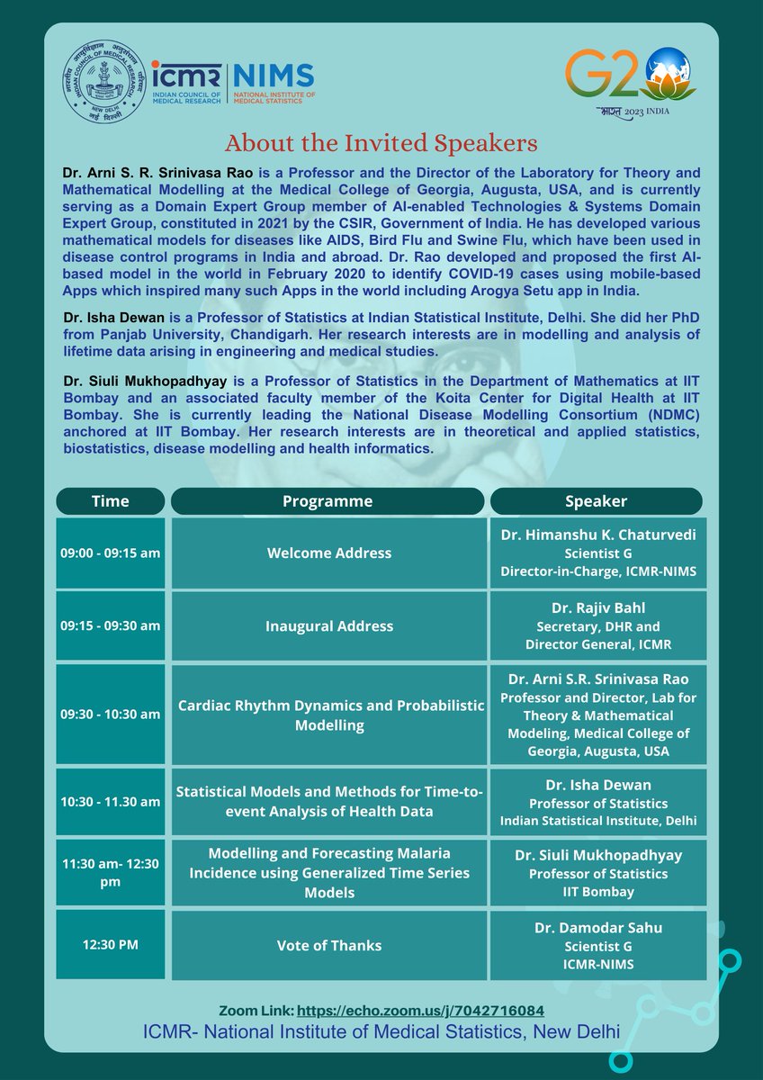 ICMR-NIRDHDS (@icmr_nirdhds) on Twitter photo ICMR-National Insitute of Medical Statistics is organizing a webinar on “Statistical Disease Modelling and Predictions” to celebrate National Statistics Day on June 30, 2023. Kindly join using the link: echo.zoom.us/j/7042716084 <a href="/ICMRDELHI/">ICMR</a>, <a href="/DeptHealthRes/">Department of Health Research, MoHFW</a>, <a href="/MoHFW_INDIA/">Ministry of Health</a>, <a href="/GoIStats/">Ministry of Statistics & Programme Implementation</a> ICMR-National Insitute of Medical Statistics is organizing a webinar on “Statistical Disease Modelling and Predictions” to celebrate National Statistics Day on June 30, 2023. Kindly join using the link: echo.zoom.us/j/7042716084 <a href="/ICMRDELHI/">ICMR</a>, <a href="/DeptHealthRes/">Department of Health Research, MoHFW</a>, <a href="/MoHFW_INDIA/">Ministry of Health</a>, <a href="/GoIStats/">Ministry of Statistics & Programme Implementation</a>