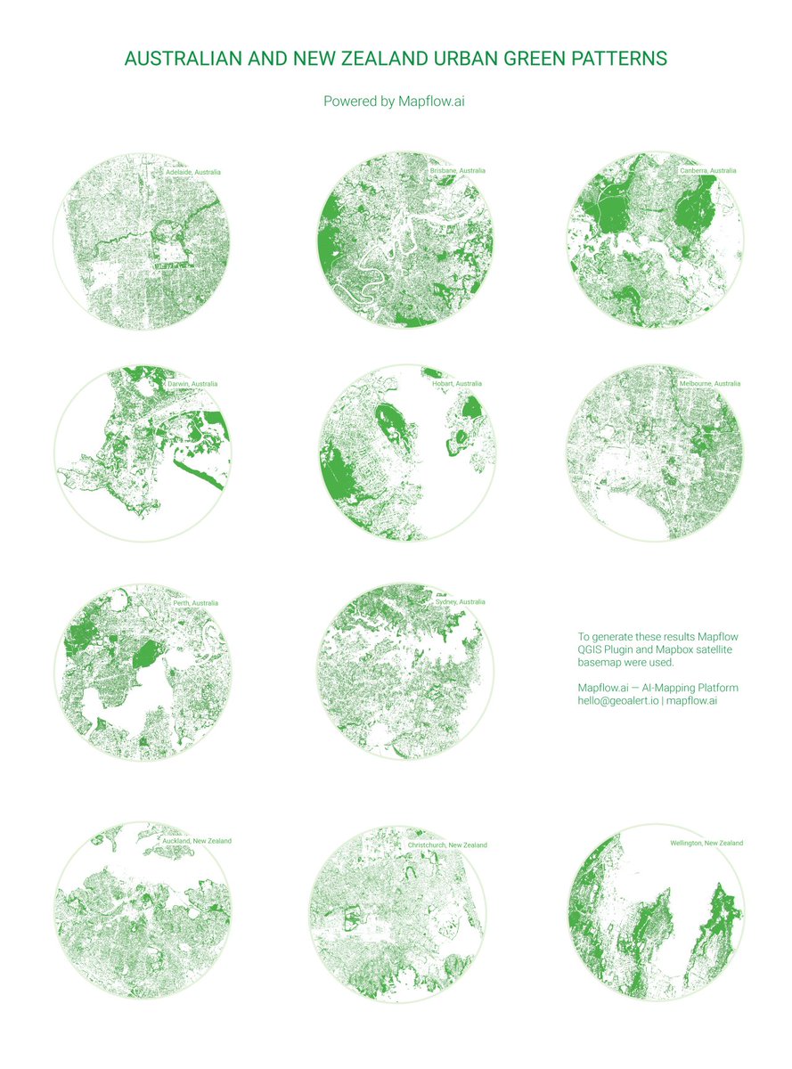 🌳 Australia and New Zealand urban green patterns powered by #Mapflow. 
Which other cities you might be interested to analyze?
Check out open data updates on our github page (github.com/Geoalert/urban…)