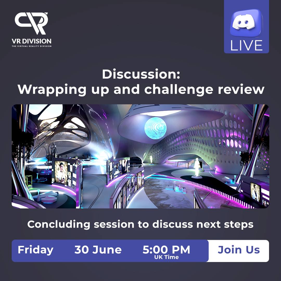 vrdivision's tweet image. 📲In our final Discord discussion, we will wrap up your designs and discuss next steps.

💻Click here to access it TODAY , Friday 23rd of July, at 5:00PM UK time: 
discord.com/events/7380113…

🥳For innovators and challengers, don't miss it! 

#VRDivision #workshop #Buildmetaverse