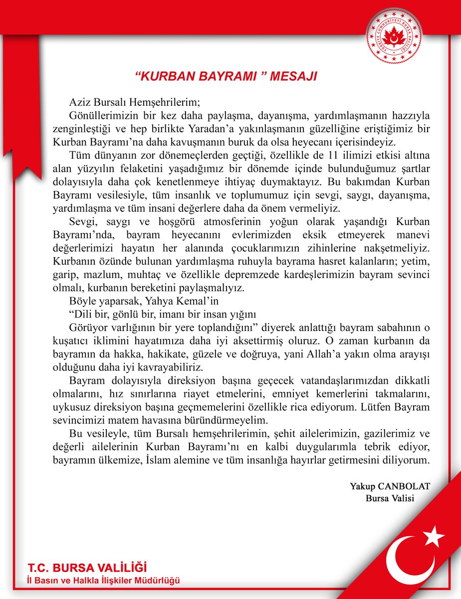 Vali <a href="/YakupCanbolat/">Yakup CANBOLAT</a>'ın “Kurban Bayramı” Mesajı