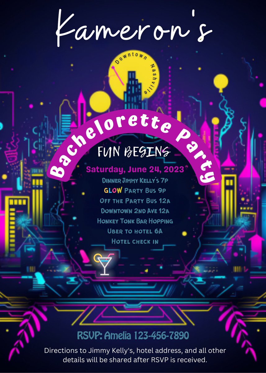 LoveInkCo's tweet photo. Downtown #Nashville really is the best place for a #Bachelorette #Party. We’ve got the invite ready for you! #LoveInkCo #engaged #Bridesmaids #bridestobe #invitation #neon #EtsySellers #etsyfinds #customizable https://t.co/BWBIaEXeF5