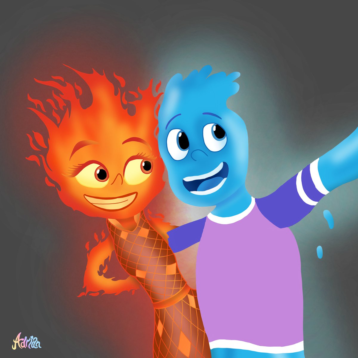 Ember and Wade

Well... this is was my experiment with lineless, I know was first time to doing.
Also, my first time to draw a Pixar movie, Elemental (Forces of Nature).

#ember #EmberLumen  #wade #WadeRipple  #Disney  #pixar #pixaranimation #PixarElemental #Elemental