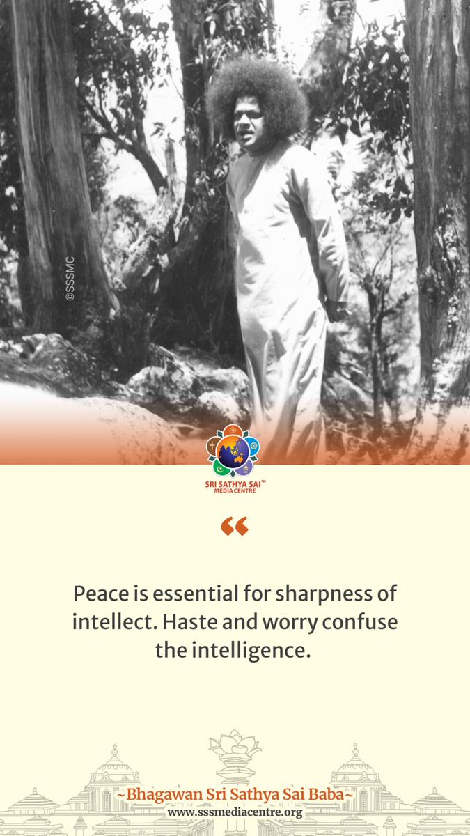 Peace is essential for sharpness of intellect. Haste and worry confuse the intelligence. - #SriSathyaSai

#GoodMorningWithSai
#SathyaSaiQuotes
#SaiInspires 

Download Prasanthi Connect App now - 
Google : shorturl.at/bdtX3
Apple : apple.co/3KfWj3F