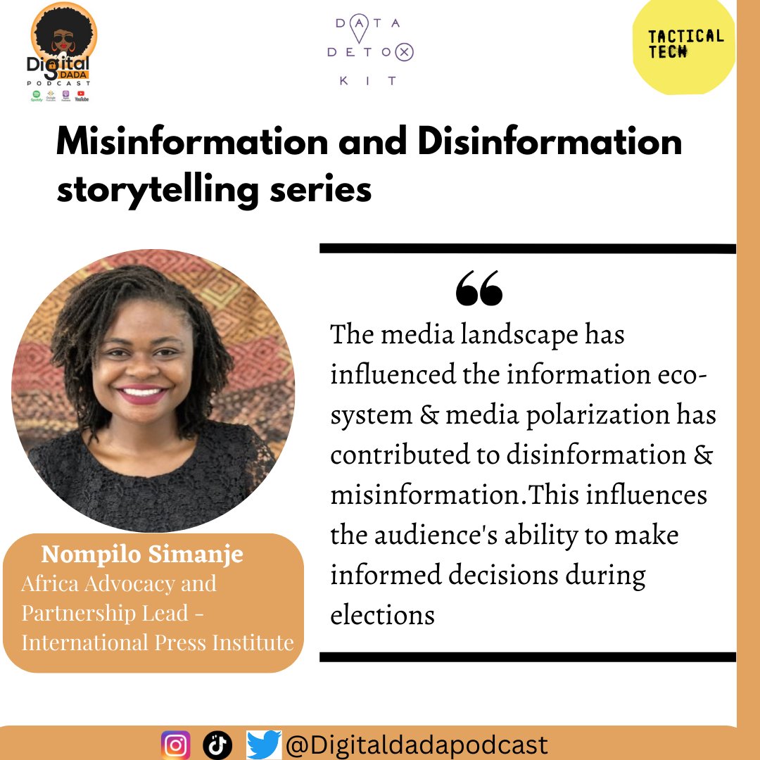 Ddadapodcast's tweet photo. The media landscape has influenced the information ecosystem & media polarization has contributed to disinformation & misinformation ~@nompilo_simanje
@Info_Activism
@CeciliaMaundu
#datadetoxkit
Full episode link:- https://t.co/YPdIeFBYQ7 https://t.co/CpwPGuwoDz