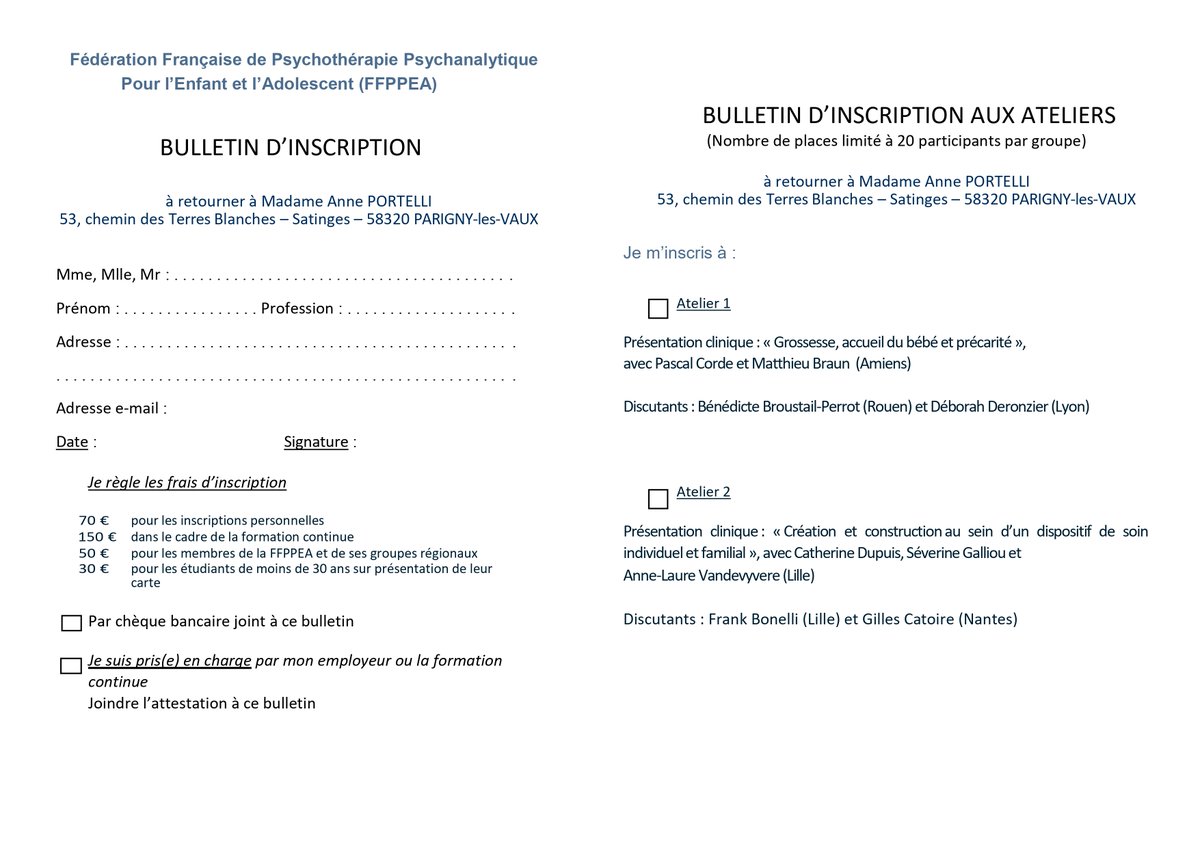 [JOURNÉE SCIENTIFIQUE] 🔎 - FFPPEA : Impasses et créativité dans la #psychanalyse de l’enfant
📅 Ateliers cliniques : Vendredi 22 septembre 2023
📅 Journée scientifique : Samedi 23 Septembre 2023
📍 Lille
🔗 anneportelli@orange.fr